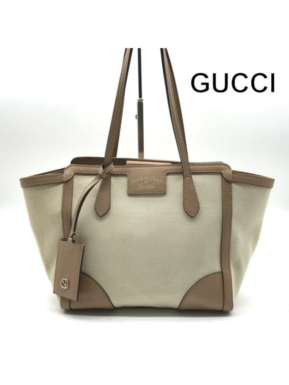 Gucci Swing Tote Bag Shoulder Leather Canvas Beige